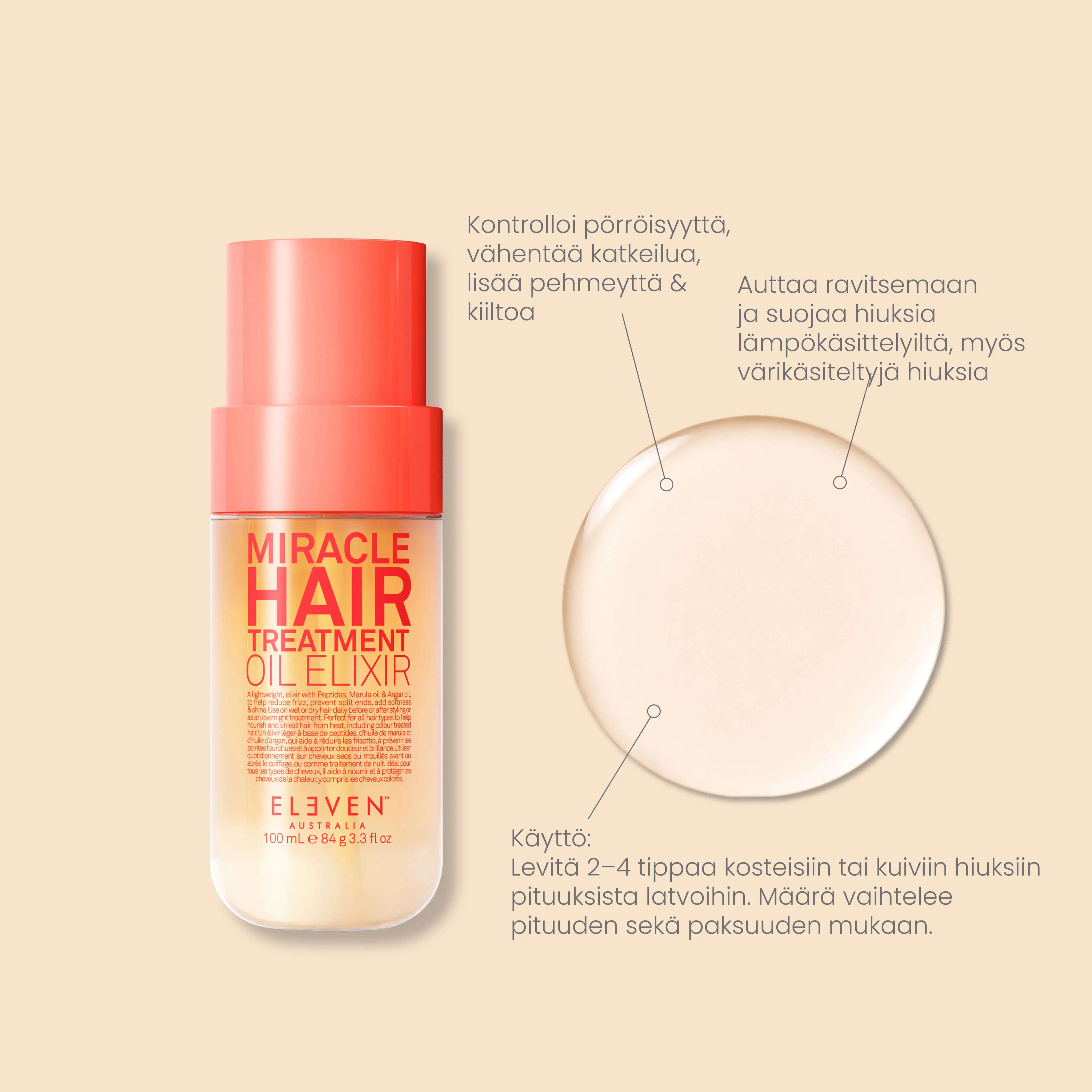 ELEVEN Australia Miracle Hair Treatment Oil Elixir -hiusöljyn kevyt koostumus ja silottavat ominaisuudet