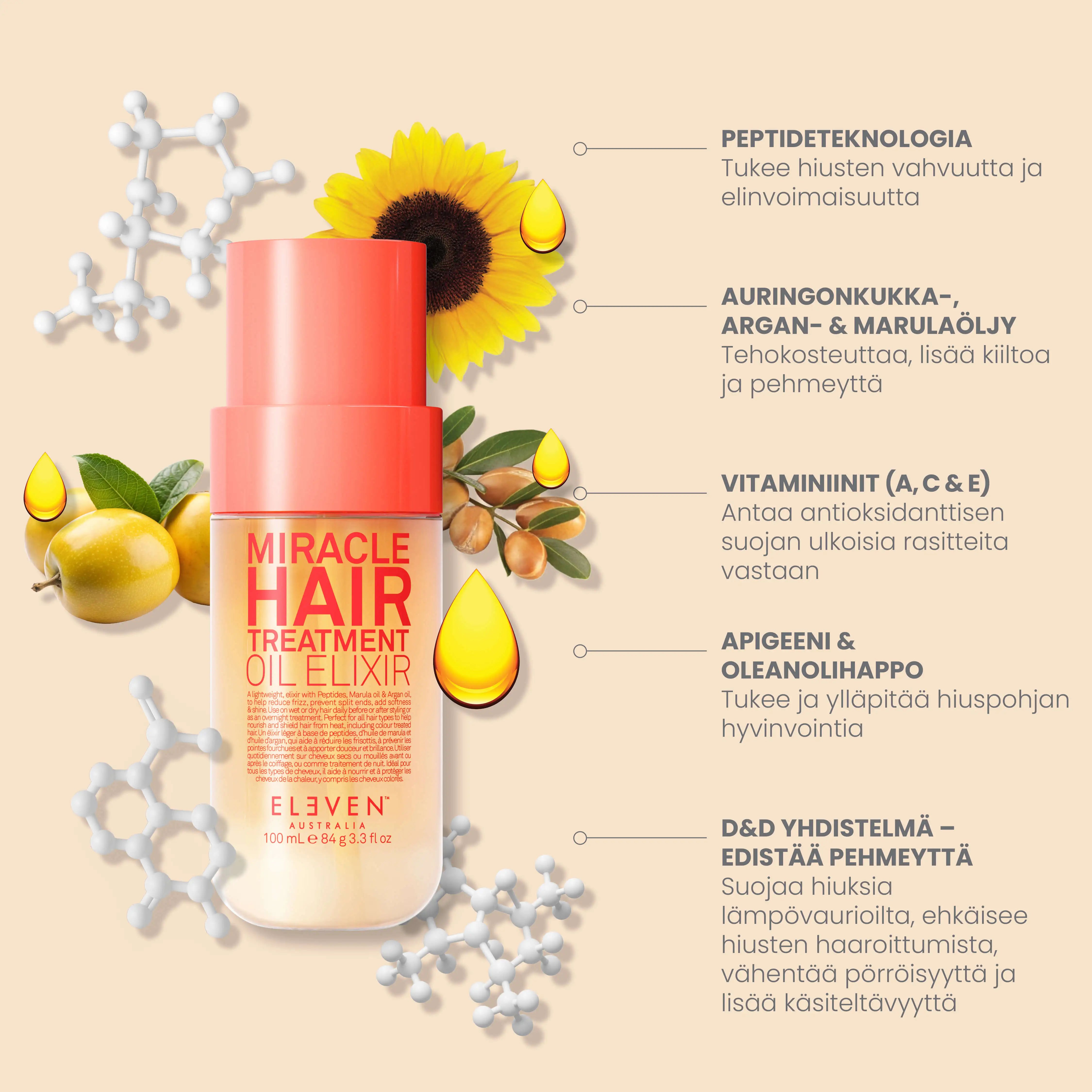 ELEVEN Miracle Hair Treatment Oil Elixir -hiusöljyn vaikuttavat ainesosat, peptidit, arganöljy ja marulaöljy