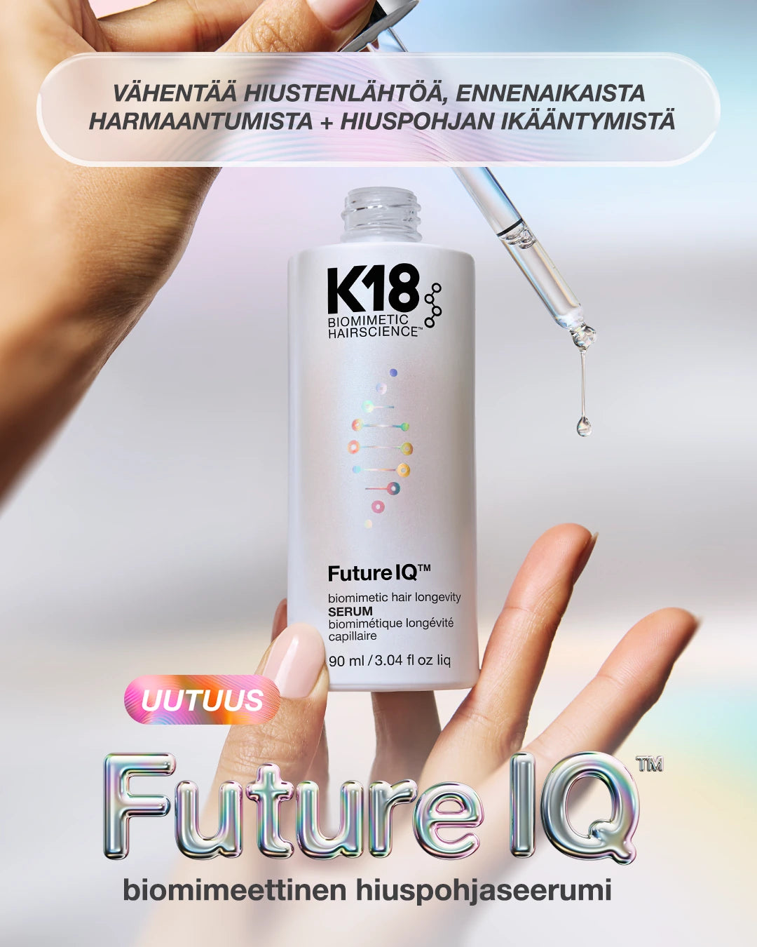 K18 FutureIQ -seerumin pipetti ja annostelu hiuspohjaseerumin käyttöön