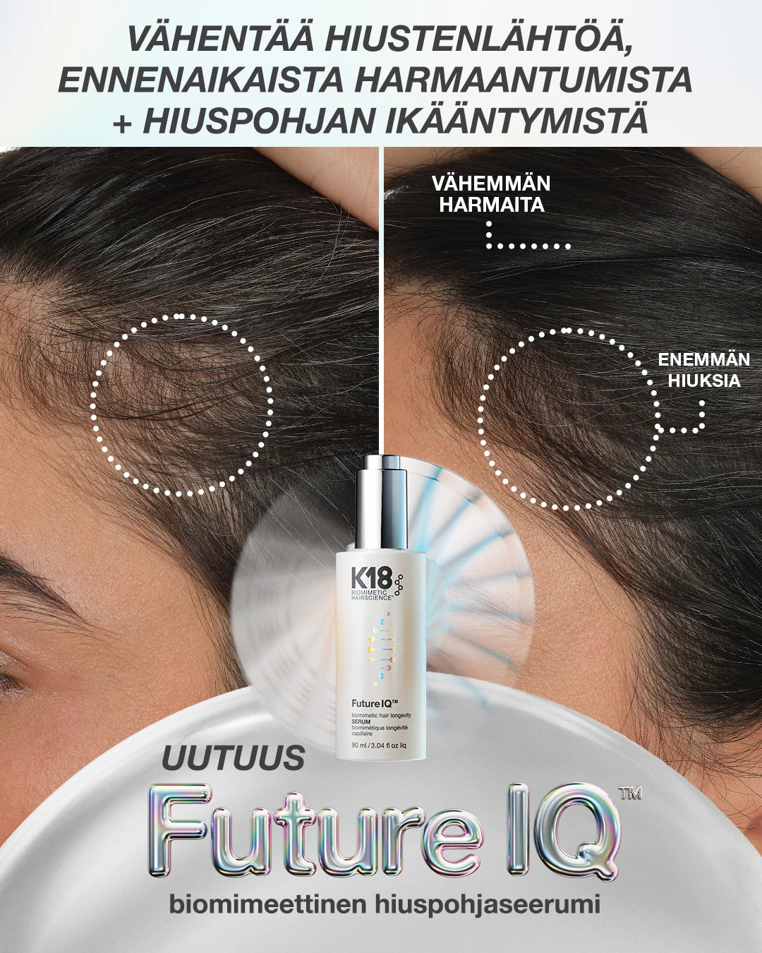 K18 FutureIQ -seerumi, joka auttaa vähentämään hiusten ikääntymisen näkyviä merkkejä 3 kuukaudessa