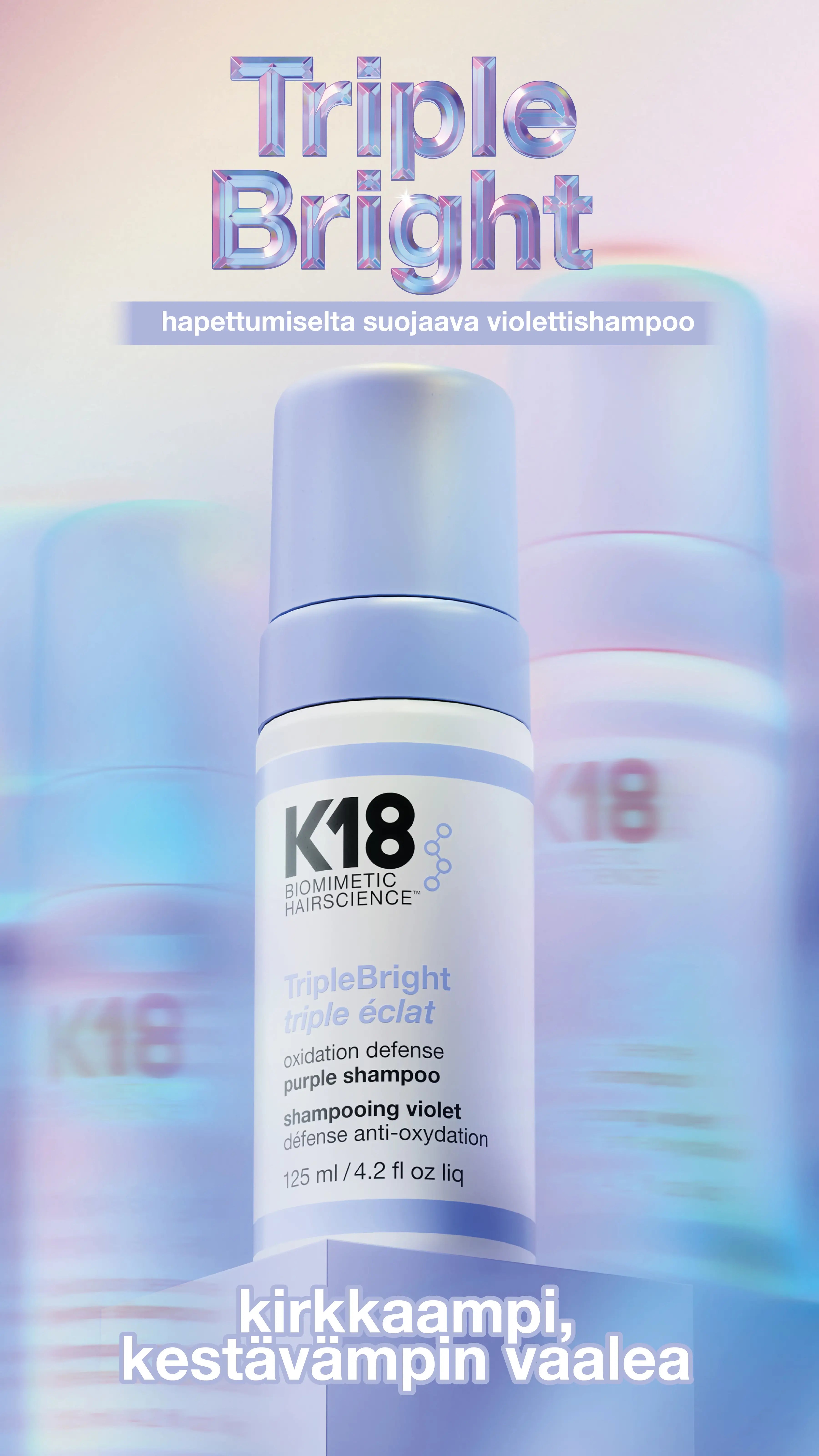 K18 TripleBright hapettumiselta suojaava violettishampoo vaaleille hiuksille