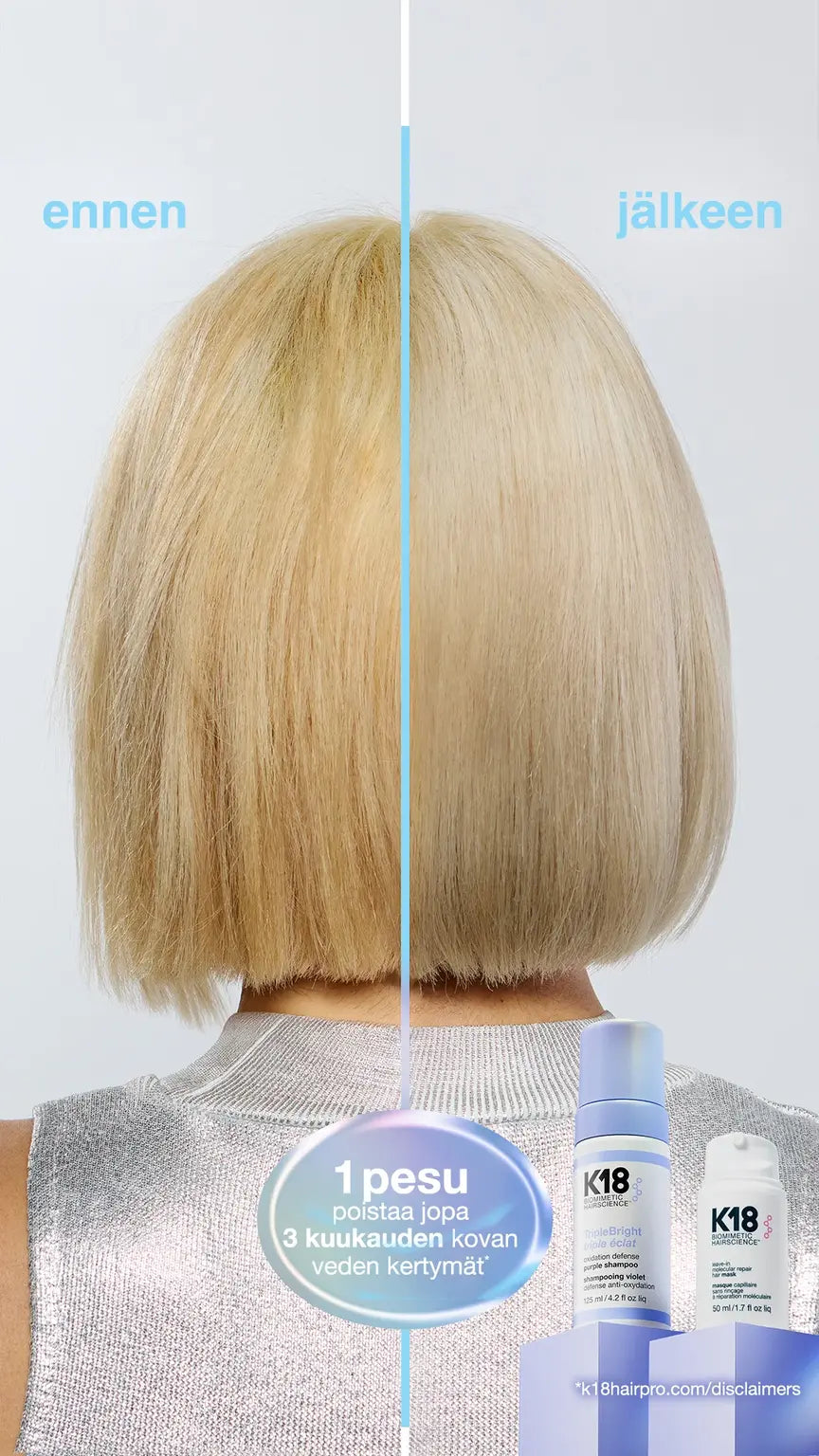 K18 TripleBright Purple Shampoo ennen ja jälkeen vaaleissa hiuksissa