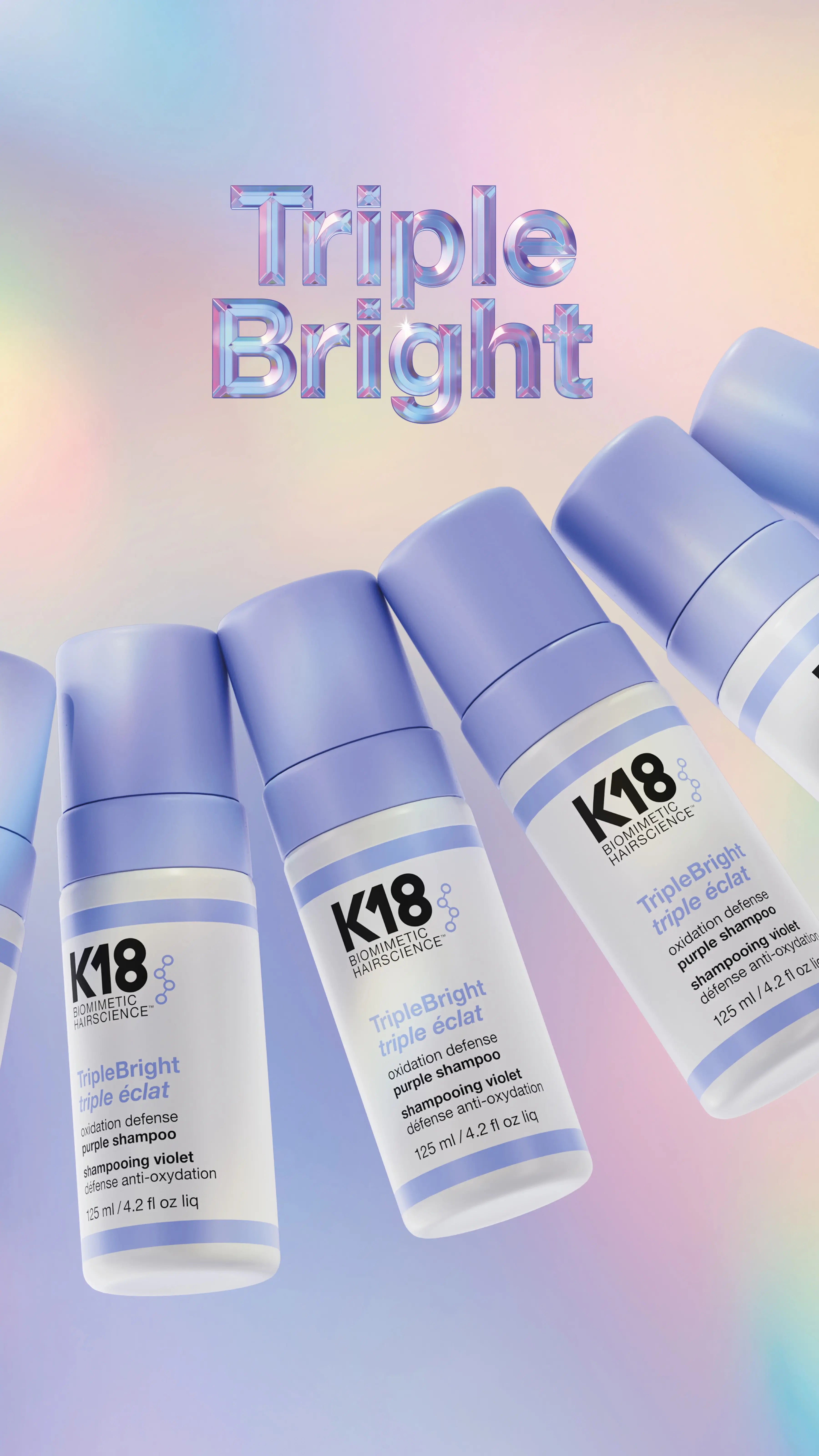 K18 TripleBright Purple Shampoo hopeashampoo vaalennetuille hiuksille ja lämpimien sävyjen neutralointiin