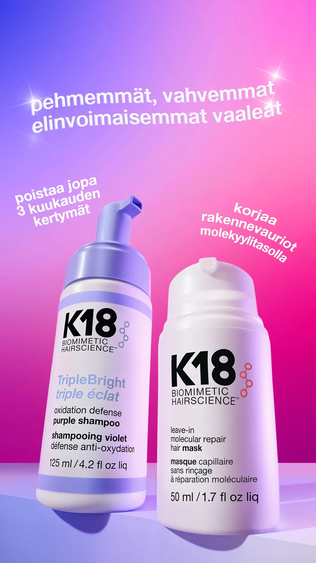 K18 TripleBright Purple Shampoo ja K18 Leave-In Molecular Repair Hair Mask vaaleille ja vaalennetuille hiuksille