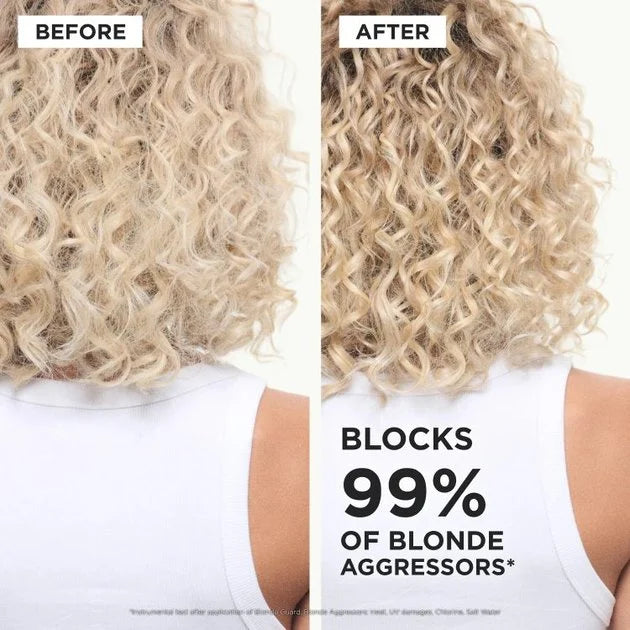 Ennen ja jälkeen -kuva Kérastase Blond Absolu Blonde Guard -tuotteen vaikutuksesta vaaleisiin kihariin hiuksiin