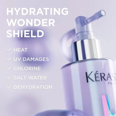 Kérastase Blond Absolu Blonde Guard Hydrating Wonder Shield suojaa vaaleita hiuksia lämmöltä, UV-vaurioilta, kloorilta, suolavedeltä ja kuivumiselta.