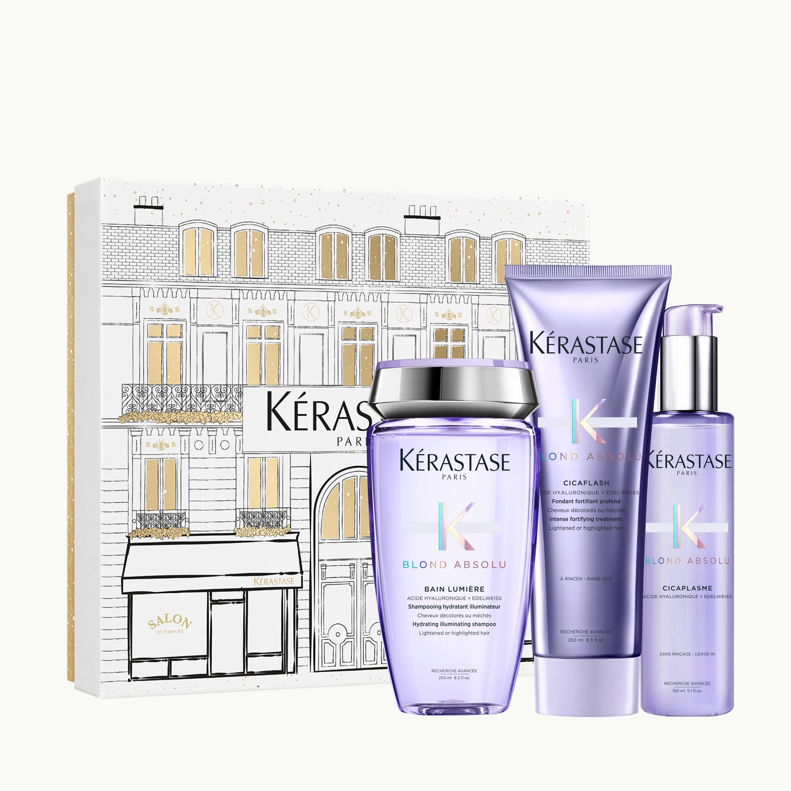 Kérastase Blond Absolu Fondant Holidays Coffret on ylellinen lahjapakkaus, joka sisältää kolme hiustenhoidon huipputuotetta vaalennetuille, raidoitetuille ja harmaille hiuksille.