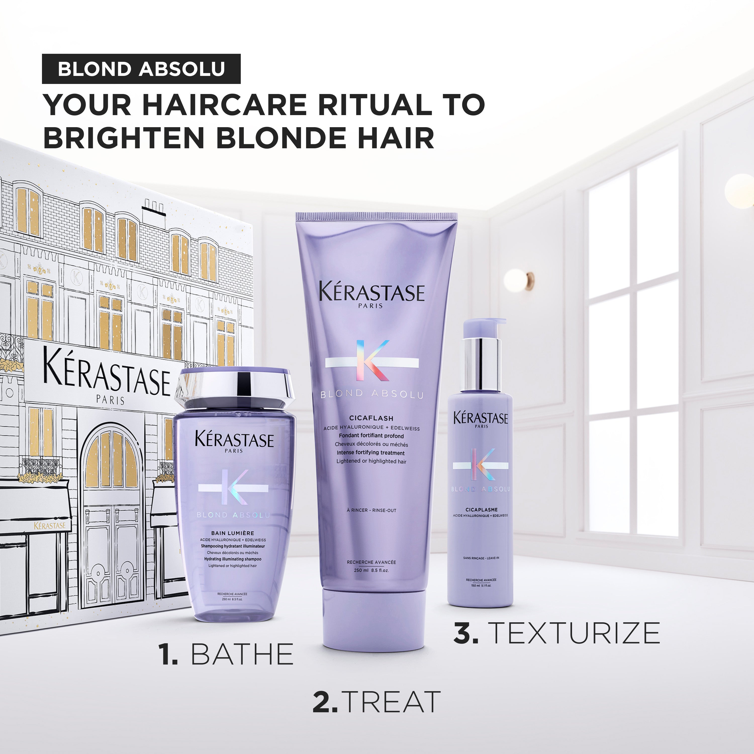 Kérastase Blond Absolu Fondant Holidays Coffret on ylellinen lahjapakkaus, joka sisältää kolme hiustenhoidon huipputuotetta vaalennetuille, raidoitetuille ja harmaille hiuksille.