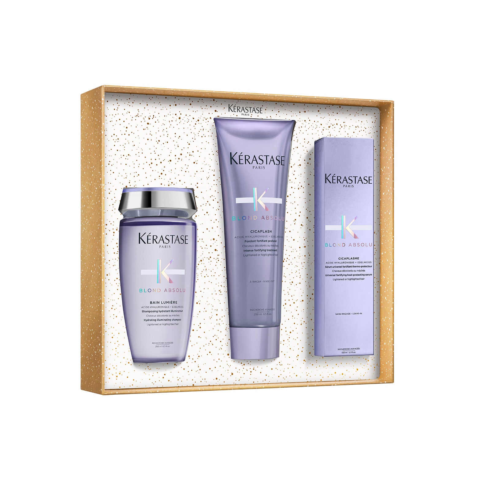 Kérastase Blond Absolu Fondant Holidays Coffret on ylellinen lahjapakkaus, joka sisältää kolme hiustenhoidon huipputuotetta vaalennetuille, raidoitetuille ja harmaille hiuksille.