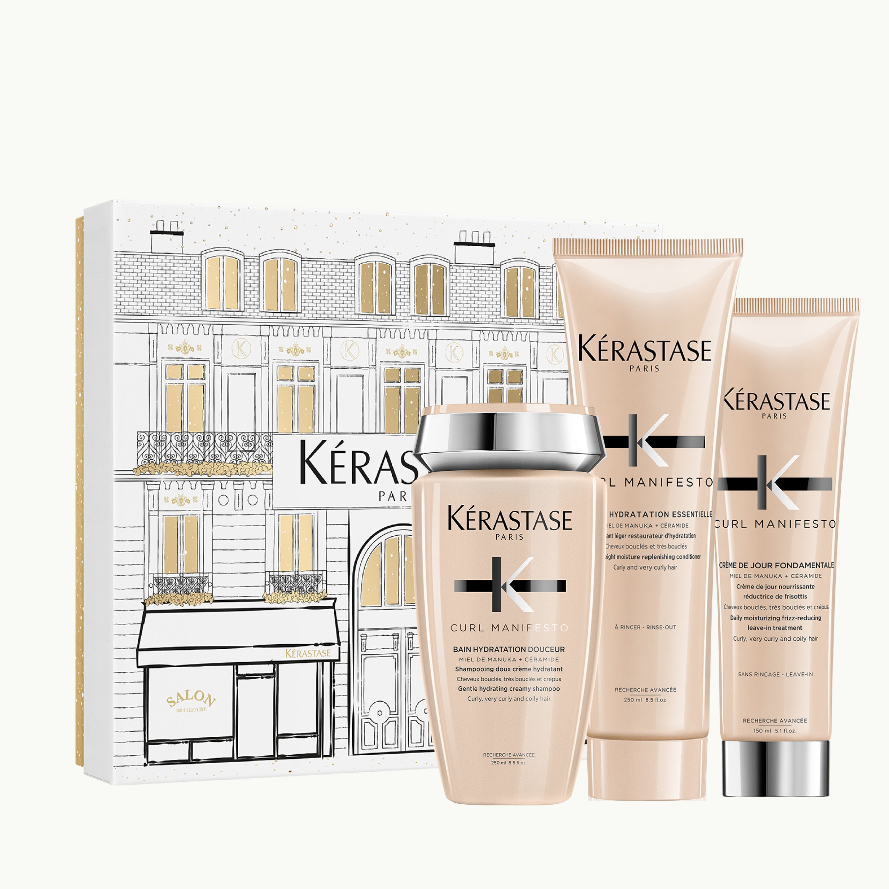Kérastase Curl Manifesto Mask Holidays Coffret on ylellinen lahjapakkaus, joka sisältää kolme hiustenhoidon huipputuotetta kaikille kiharatyypeille.