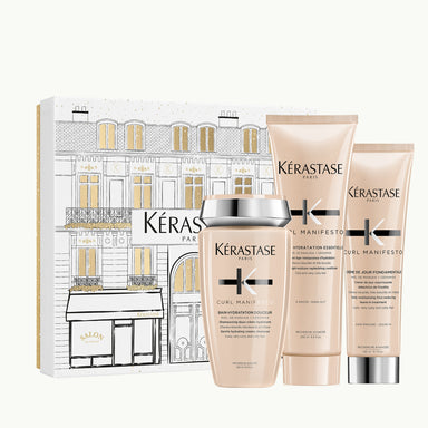 Kérastase Curl Manifesto Mask Holidays Coffret on ylellinen lahjapakkaus, joka sisältää kolme hiustenhoidon huipputuotetta kaikille kiharatyypeille.