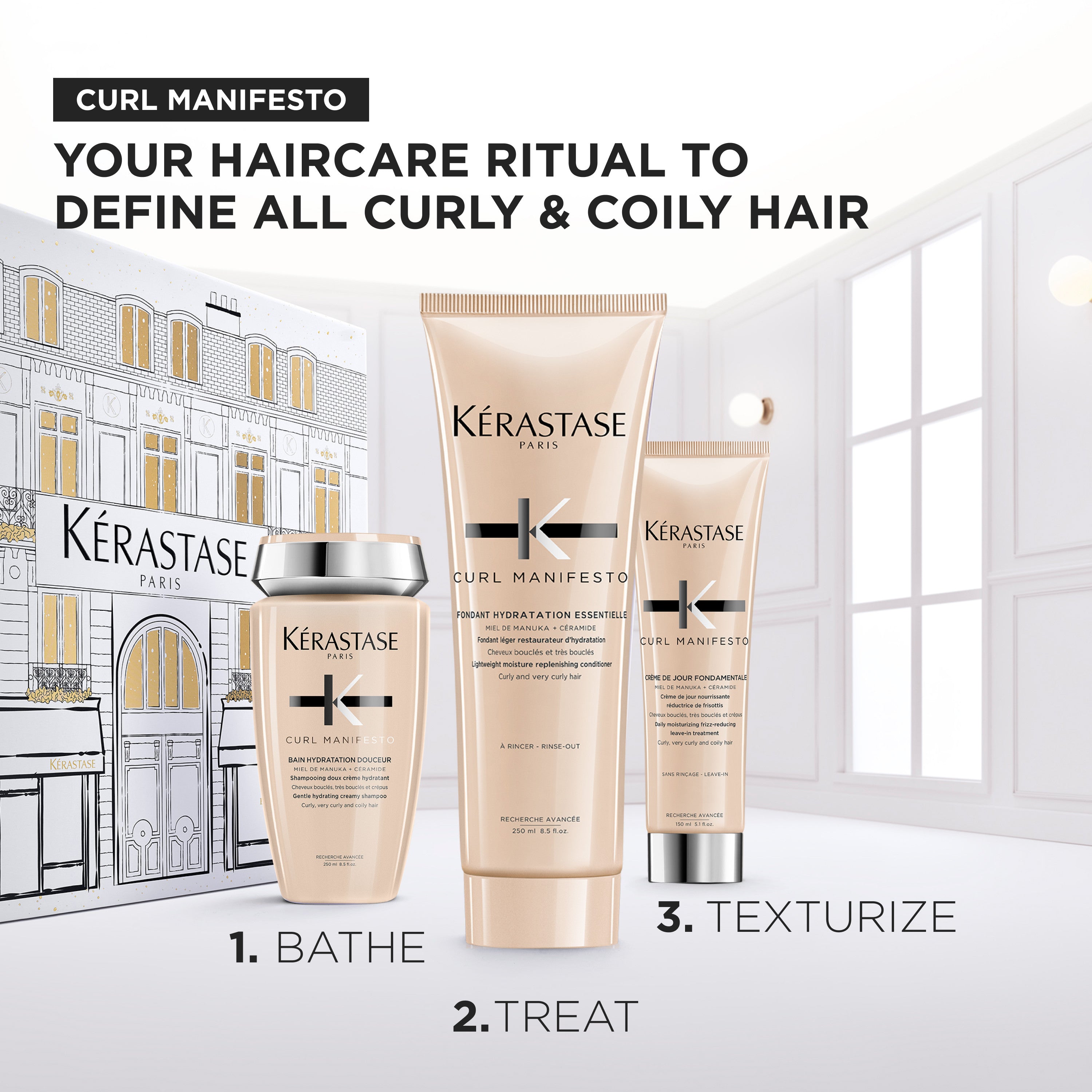 Kérastase Curl Manifesto Mask Holidays Coffret on ylellinen lahjapakkaus, joka sisältää kolme hiustenhoidon huipputuotetta kaikille kiharatyypeille.