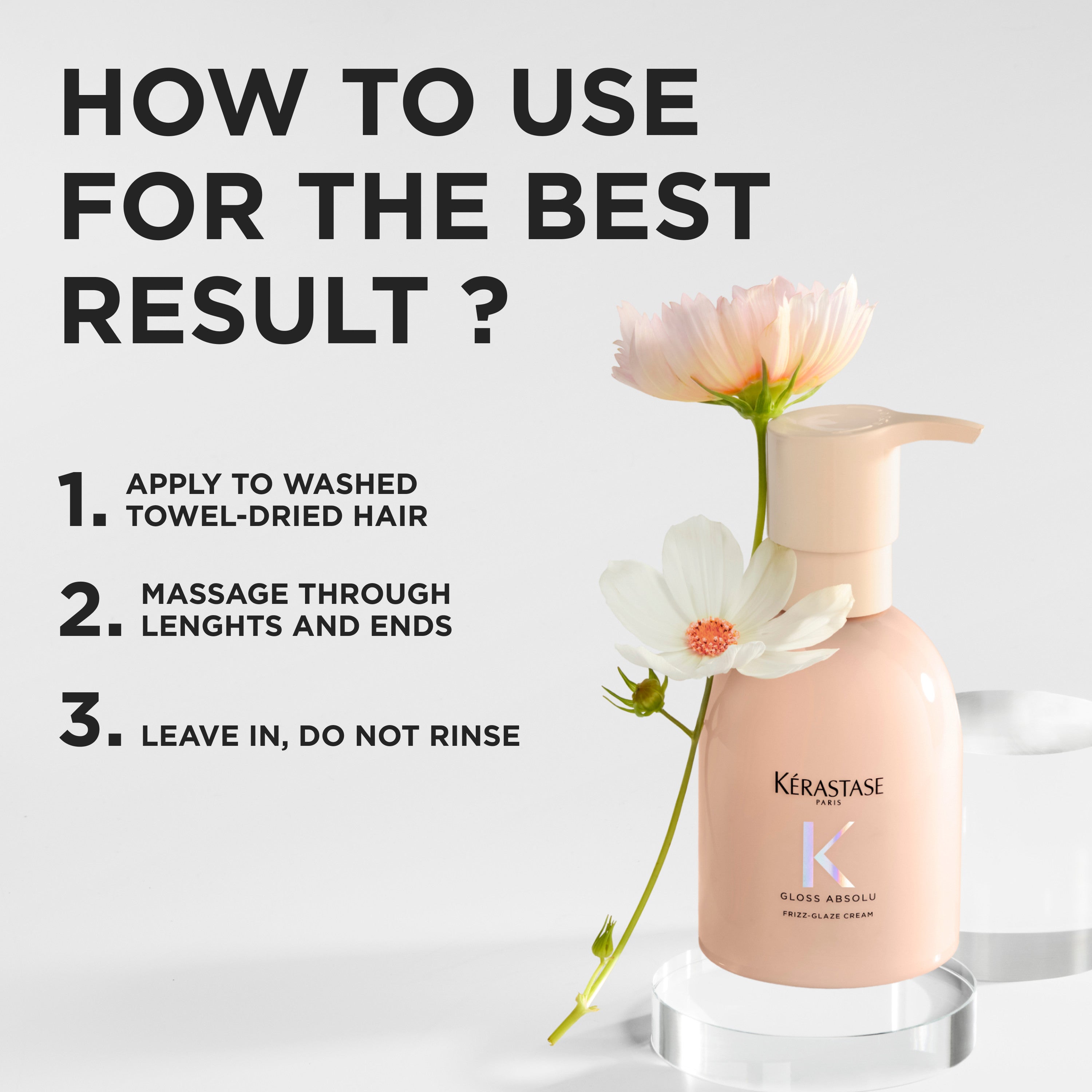 Käyttöohjeet Kérastase Frizz-Glaze Cream muotoiluvoiteelle pörröisille ja paksuille hiuksille
