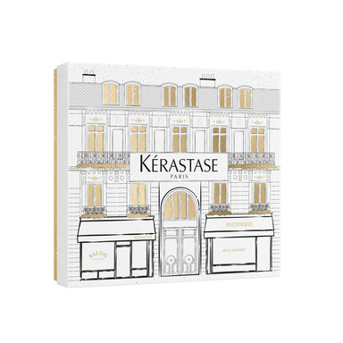 Kérastase Gloss Absolu Holiday Set sisältää shampoon, hoitoaineen ja lämpösuojasuihkeen pitkille, pörröisille hiuksille.