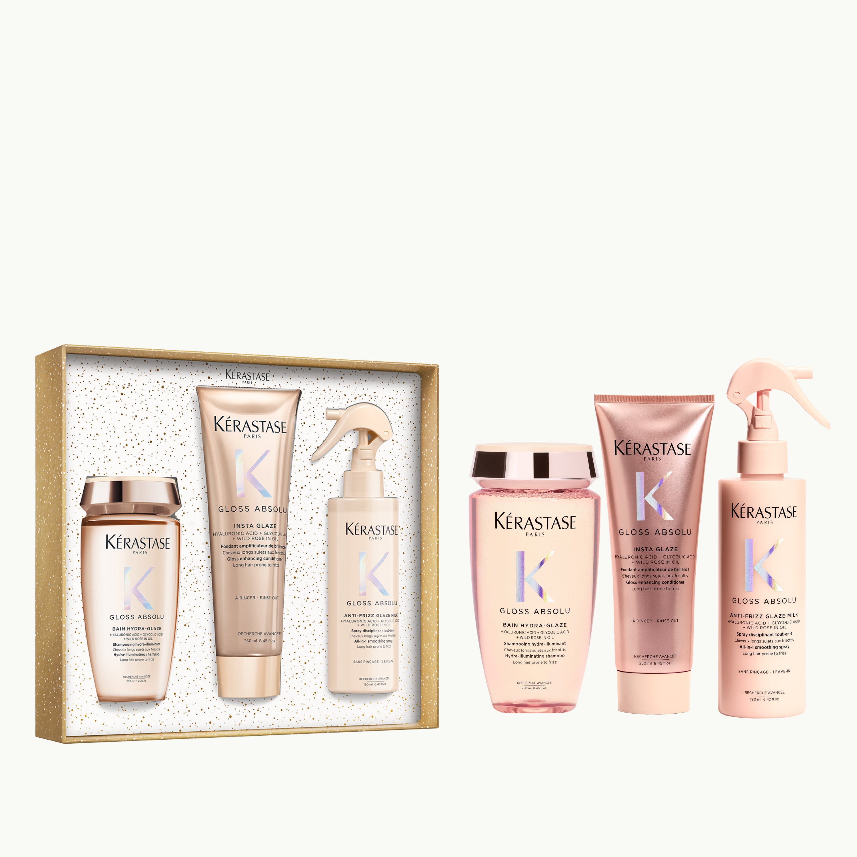 Kérastase Gloss Absolu Holiday Set sisältää shampoon, hoitoaineen ja lämpösuojasuihkeen pitkille, pörröisille hiuksille.