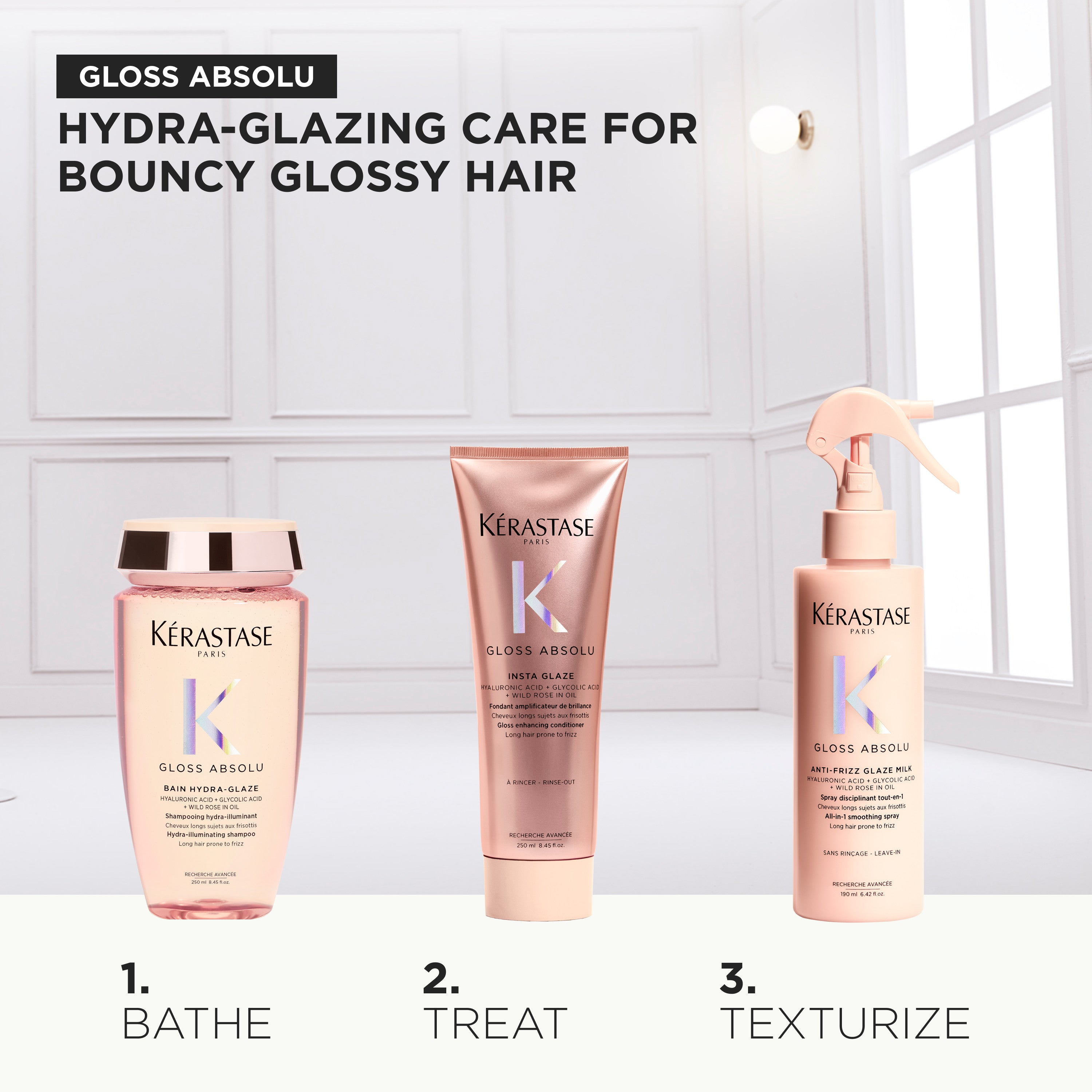 Kérastase Gloss Absolu Holiday Set sisältää shampoon, hoitoaineen ja lämpösuojasuihkeen pitkille, pörröisille hiuksille.