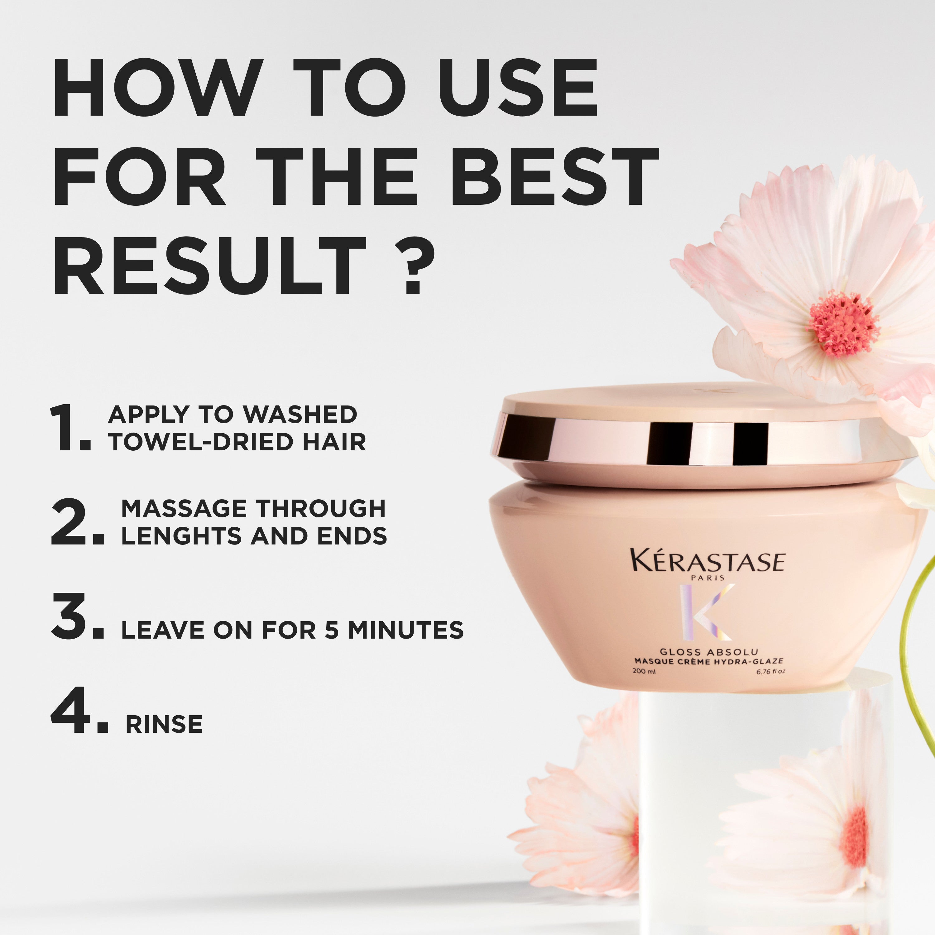Käyttöohjeet Kérastase Masque Crème Hydra-Glaze hiusnaamion käyttöön pörröisille ja paksuille hiuksille