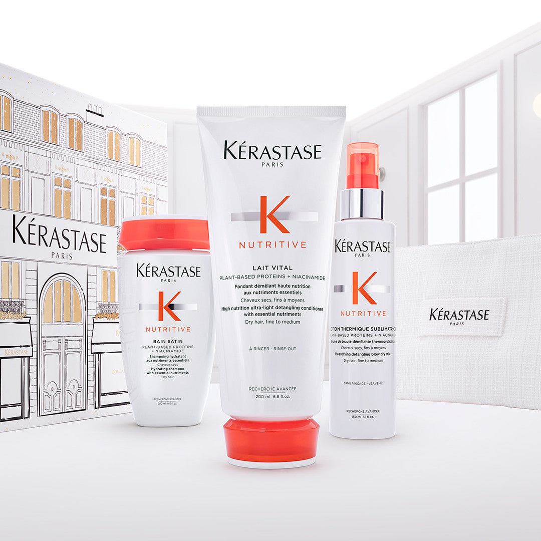 Kérastase Nutritive Fondant Holidays Coffret on ylellinen lahjapakkaus, joka sisältää kolme hiustenhoidon huipputuotetta kuiville, kosteutta kaipaaville hiuksille.