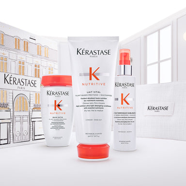 Kérastase Nutritive Fondant Holidays Coffret on ylellinen lahjapakkaus, joka sisältää kolme hiustenhoidon huipputuotetta kuiville, kosteutta kaipaaville hiuksille.