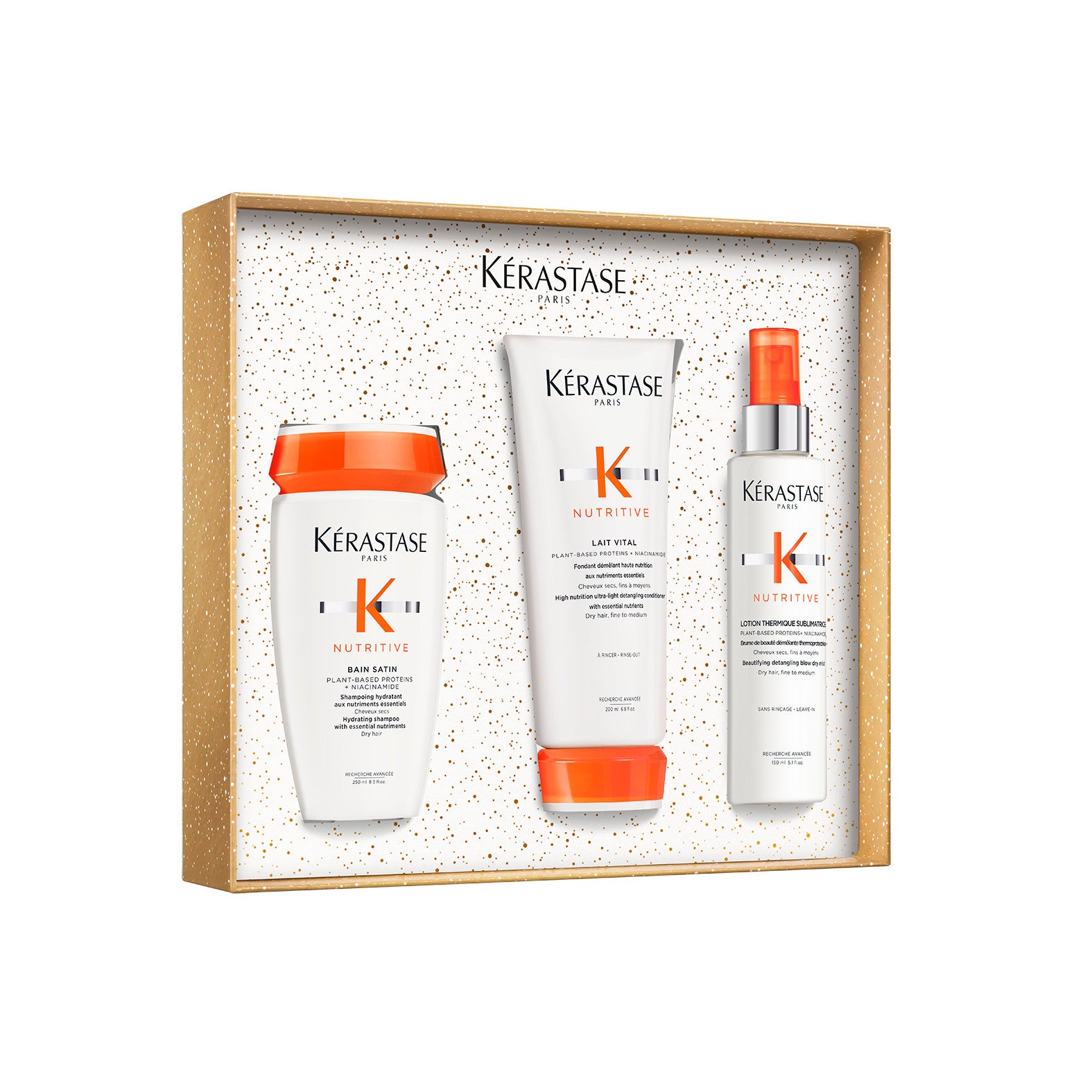 Kérastase Nutritive Fondant Holidays Coffret on ylellinen lahjapakkaus, joka sisältää kolme hiustenhoidon huipputuotetta kuiville, kosteutta kaipaaville hiuksille.