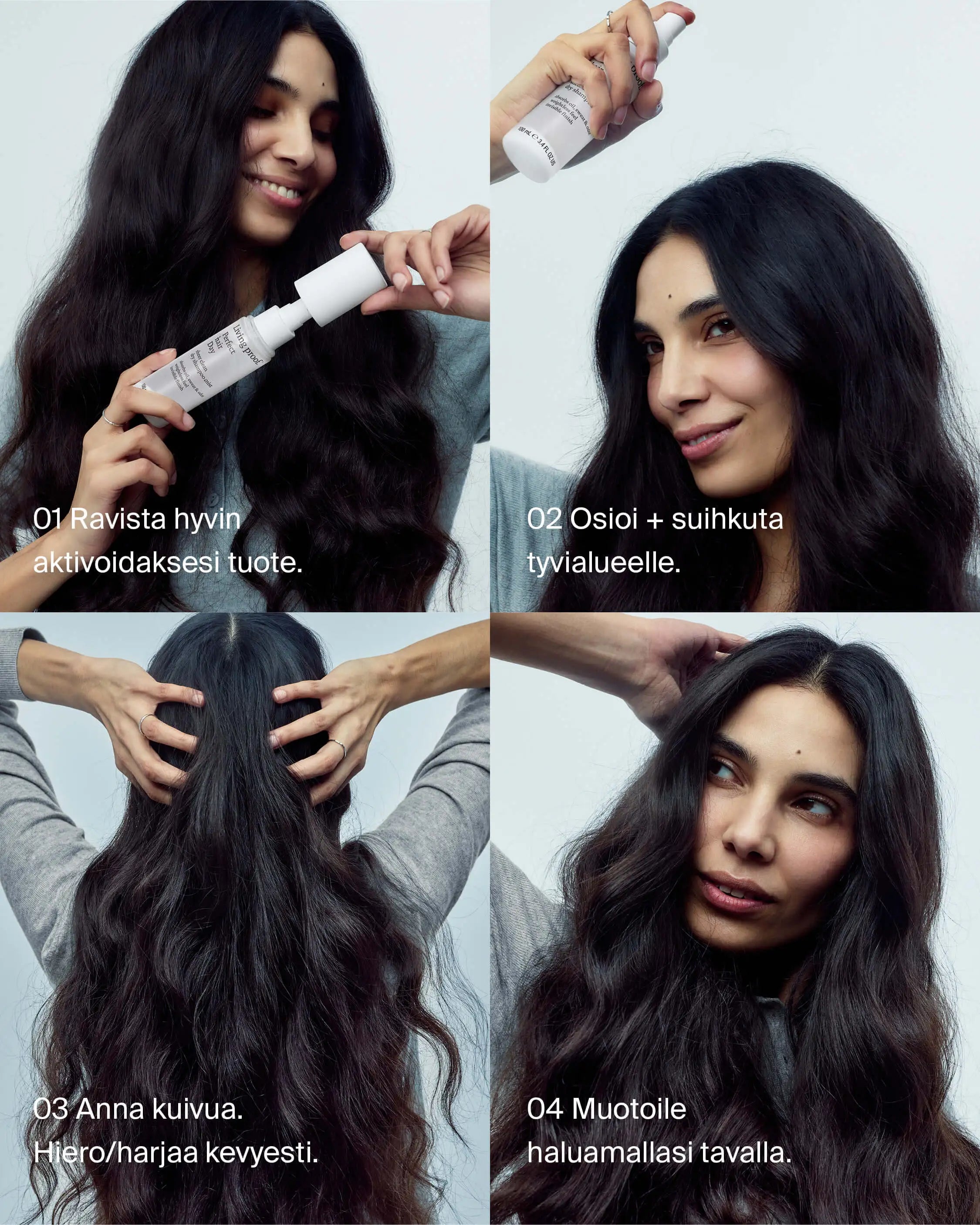 Living Proof Sheer Clean Dry Shampoo Mist -kuivashampoon käyttöohje: ravista, suihkuta tyveen, anna kuivua ja muotoile