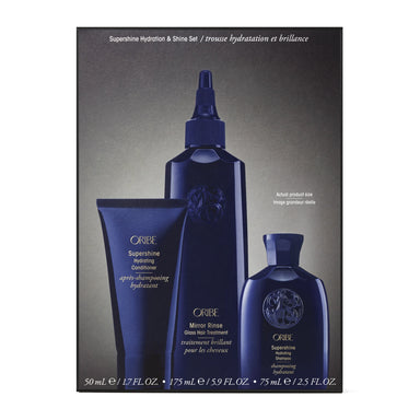 Oribe Supershine Holiday 2026 Collection sisältää shampoon, hoitoaineen ja Mirror Rinse -kiiltohoidon.