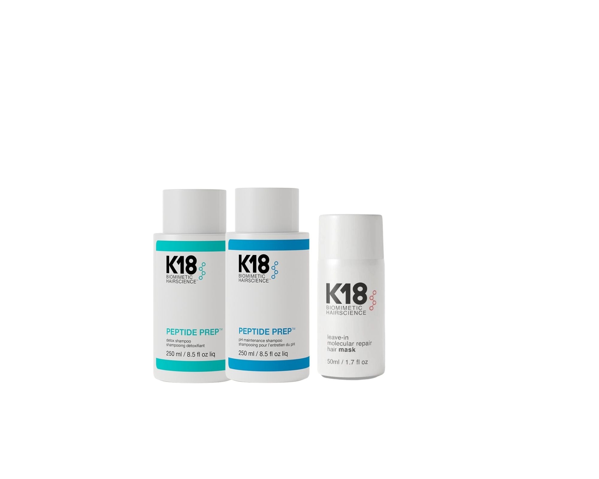 K18 PEPTIDE PREP detox shampoo 250ml, K18 PEPTIDE PREP pH maintenance shampoo 250ml & K18Hair Leave-in Molecular Repair Mask 50ml